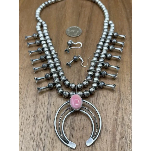 Native American Navajo Handmade Sterling Silver Pink Conch Squash Blossom 18” - Picture 5 of 8